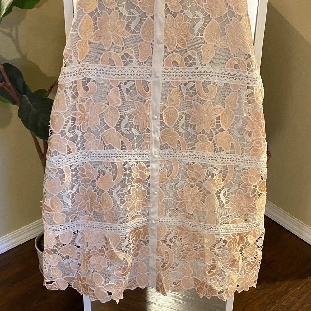 NWT Han Qing Mu Mu Elegant Retro Lace Cutout Ivory & Peach Midi Dress Size 2 - Picture 8 of 15